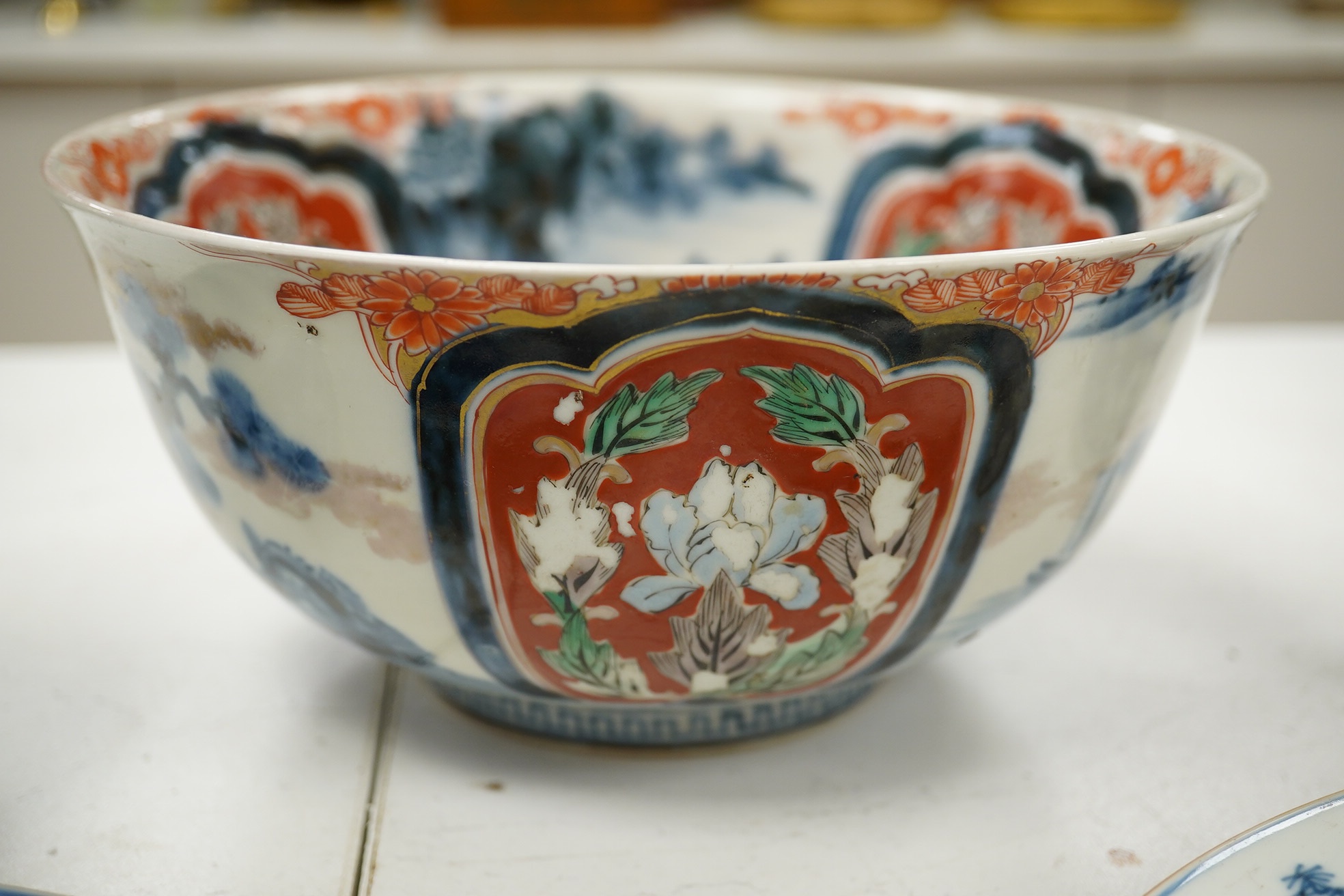 A pair of Chinese porcelain blue and white dishes, Kangxi, a pair of cylindrical vases and an Imari bowl (6). Condition - fair